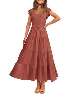 Women's Red Summer Flowy Maxi Dress Casual Cap Sleeve V Neck Smocked Beach